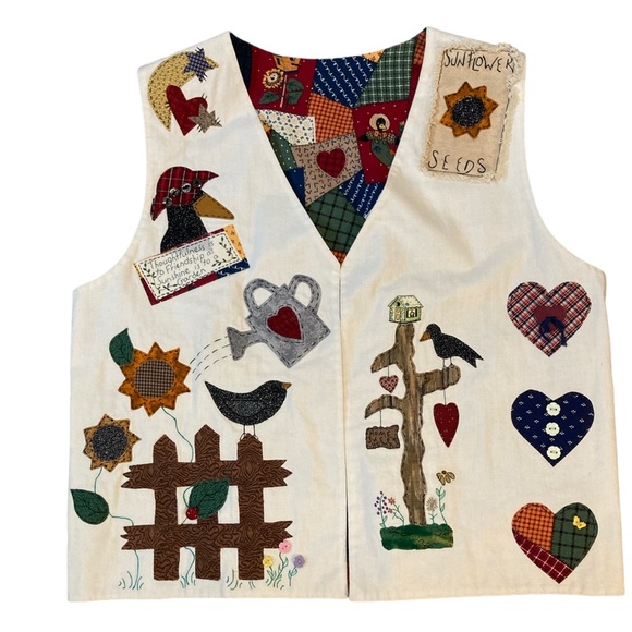Appliquéd Vest Sunflowers Crows Hearts Patchwork Lined Handcrafted Autumn Med - Picture 7 of 7